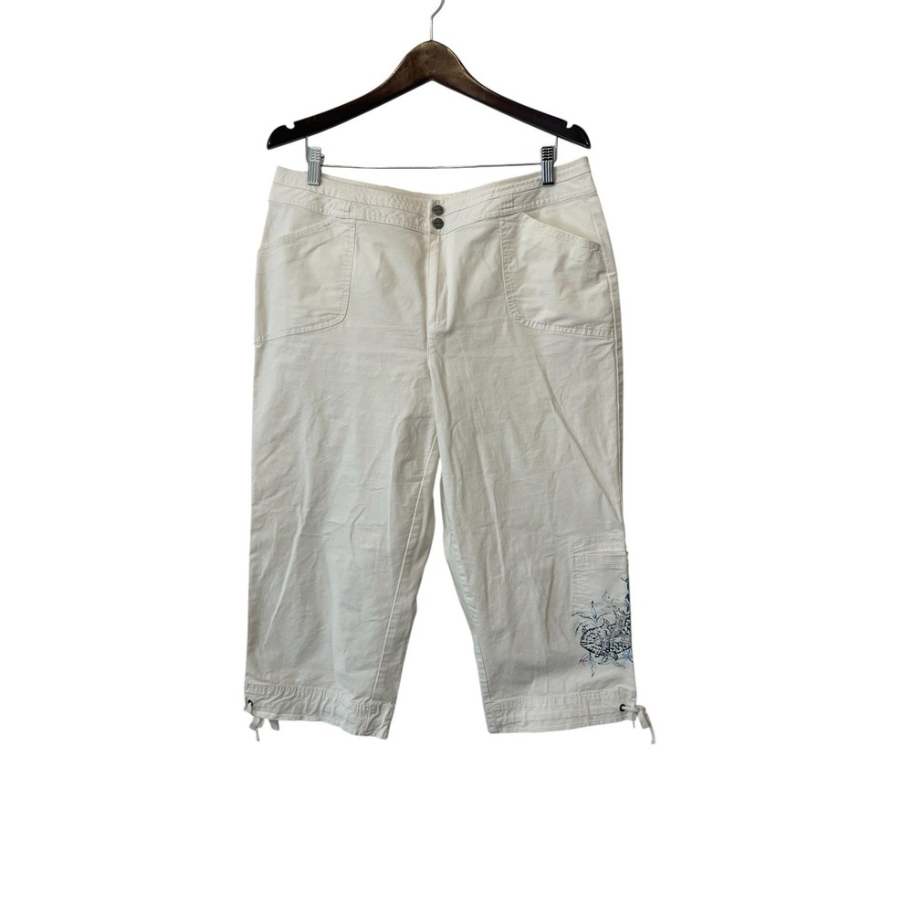 Women's Coldwater Creek White Cropped Pants Koi Fish Artsy Lagen Coastal Size 14